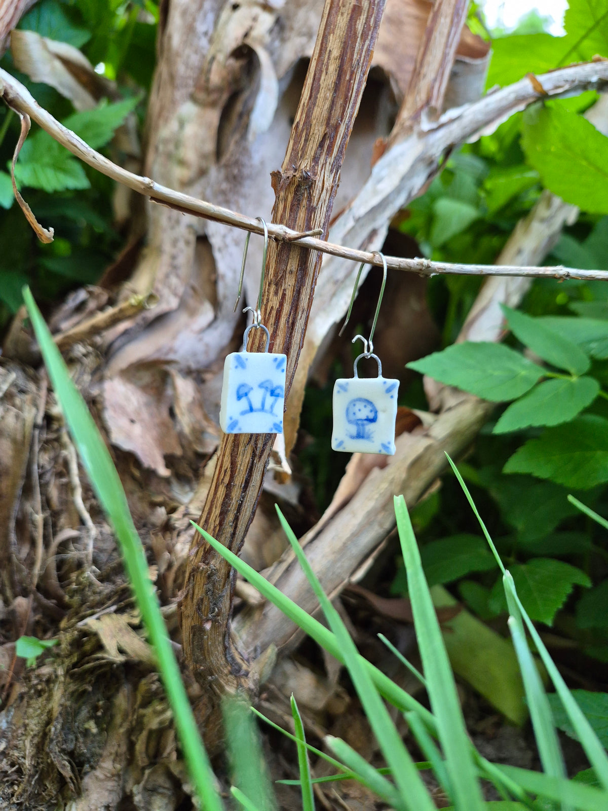 Delft Tile Earrings, Mushroom