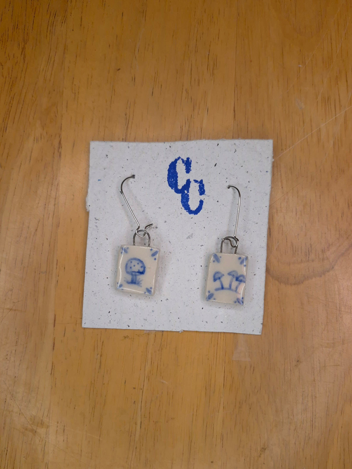 Delft Tile Earrings, Mushroom