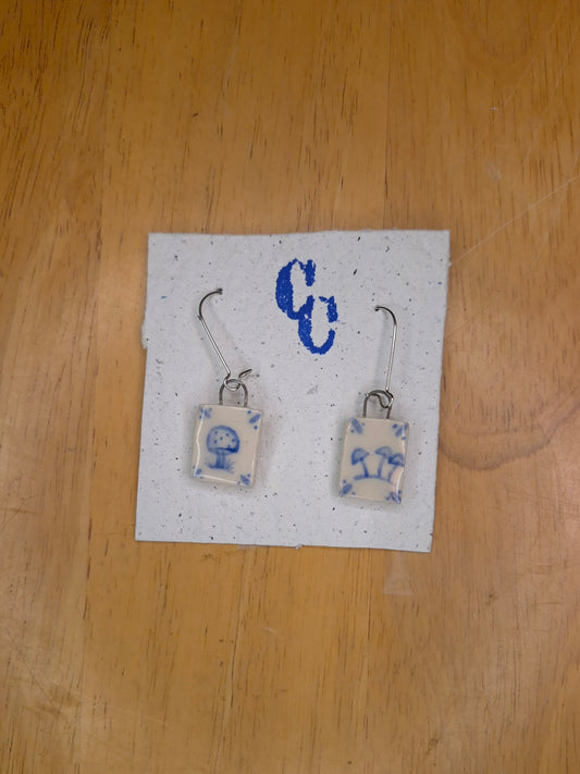 Delft Tile Earrings, Mushroom