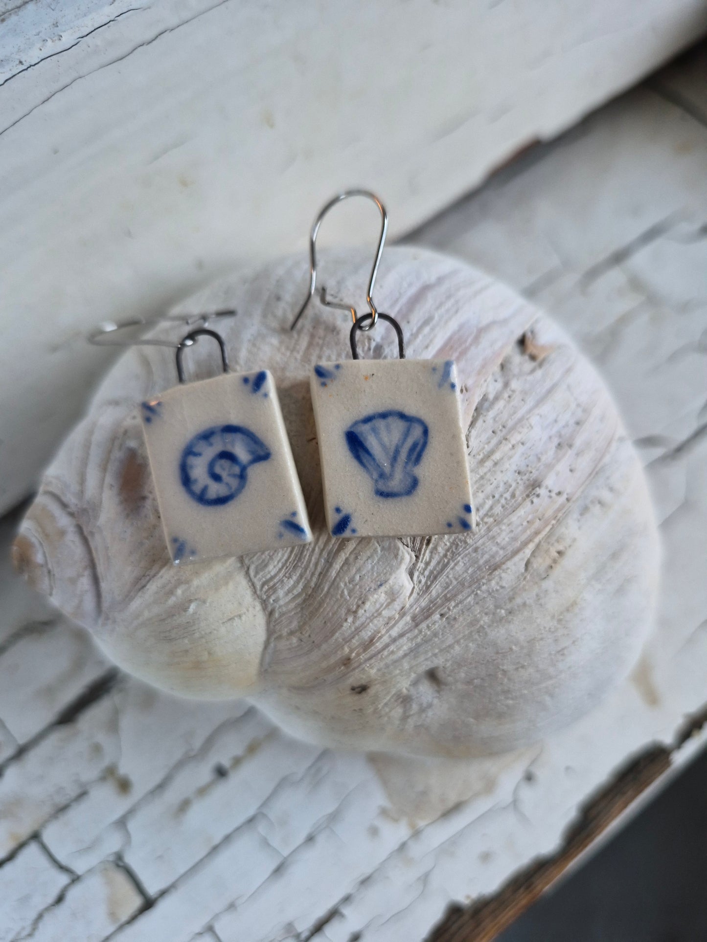 Delft Tile Earrings, Seashell